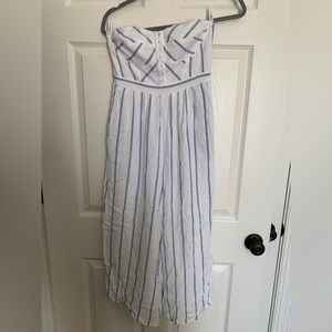 American Eagle Outfitters - White and Blue Striped Strapless Jumpsuit -Size S